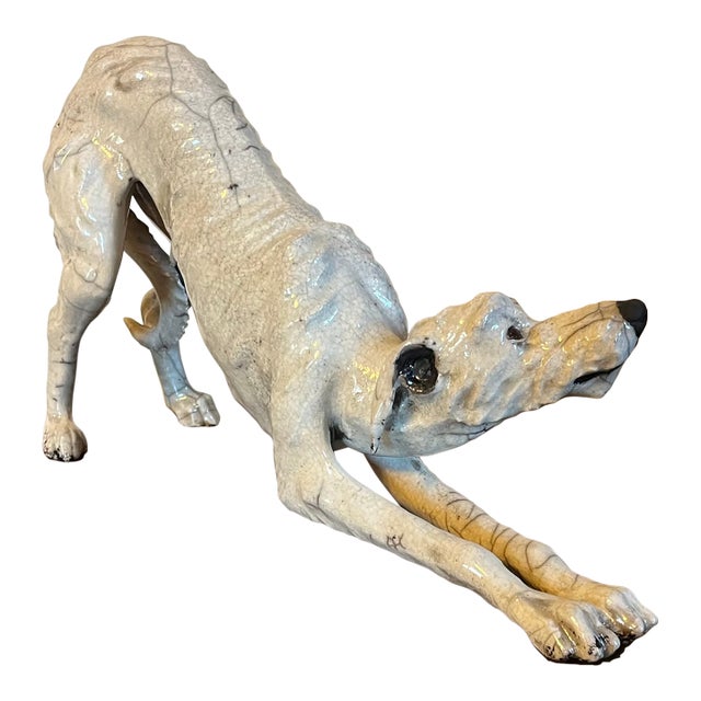 Brian Andrew (British B. 1962) Raku Studio Art Pottery Sculpture of a Deerhound or Exmoor Lurcher Dog For Sale