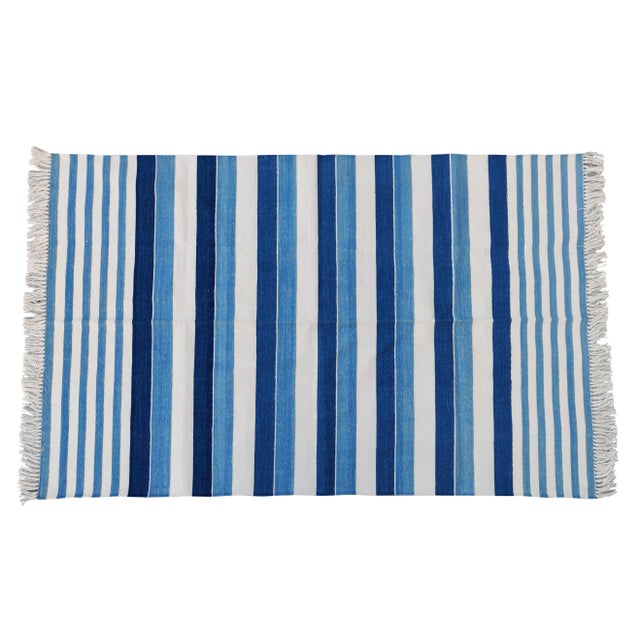 Textile Handmade Cotton Multi Striped Rug, Blue And White 4'x6' For Sale - Image 7 of 8