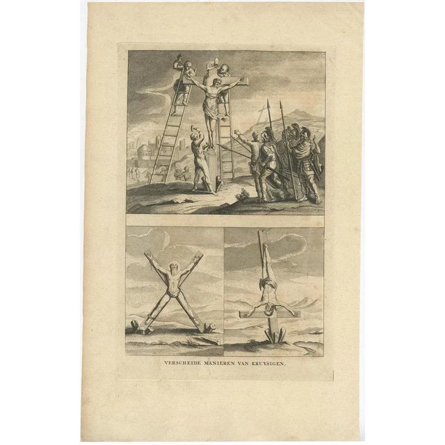 : Three religious images on one sheet titled 'Verscheide Manieren van Kruysigen'. Various methods of crucifixion. This...