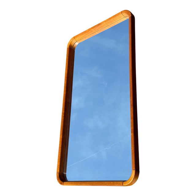 Danish Teak Rounded Rectangle Hanging Framed Mirror by Uldum For Sale