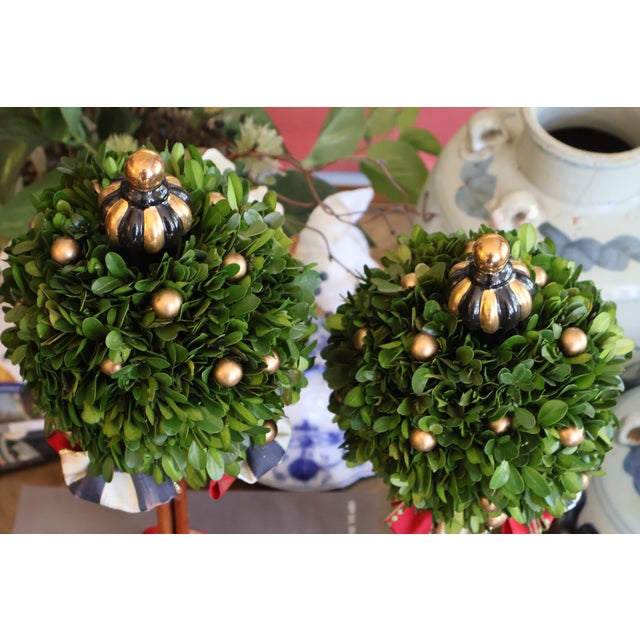 MacKenzie-Childs Courtly Check Holiday Boxwood Topiary Trees With Gold Accents — A Pair For Sale - Image 12 of 18