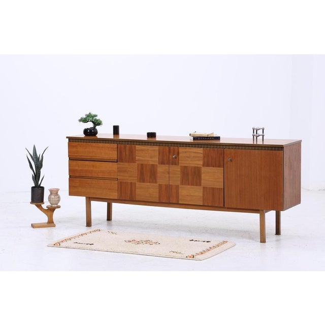 Vintage 1960s Walnut Sideboard | Mid-Century Sideboard with Drawers & Compartments and Checkerboard Pattern Wooden Storage For Sale - Image 3 of 12