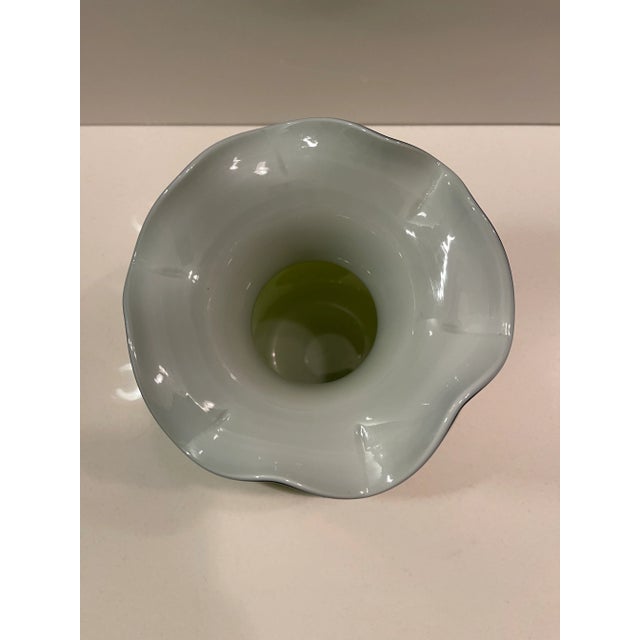Contemporary Boho Chic Olive Green Vase With White Flower Top For Sale - Image 3 of 12