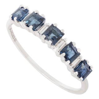 Natural Blue Sapphire Five Stone Ring With Baguette Diamonds in 14k Gold Size 5 For Sale