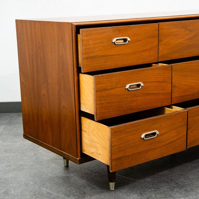 Mid Century Modern Dresser Credenza Bp John Metal 9 Drawer Walnut Vintage MCM Nm For Sale - Image 10 of 12