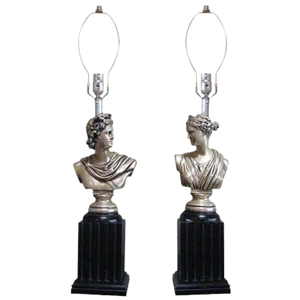 1950s Neoclassical God and Goddess Pillar Table Lamps, Pair