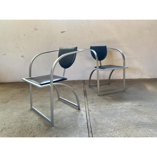 Modern Set of Cosinus Armchair Chairs in Raw Steel & Black Leather attributed to Karl Friedrich Förster for Kff, 1980s For Sale - Image 3 of 15