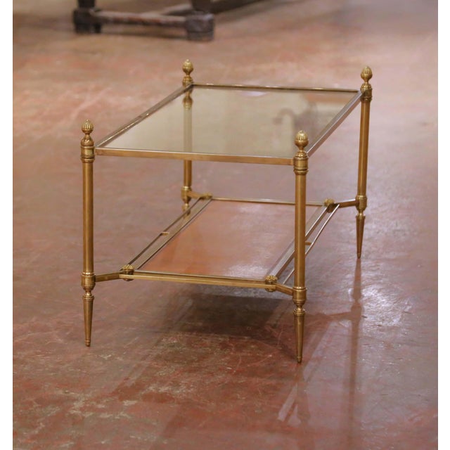 French Mid-Century French Maison Jansen Bronze and Leather Two-Tier Coffee Table For Sale - Image 3 of 8