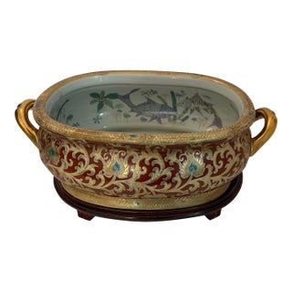 Vintage Chinoiserie Gilt & Iron-Red Oval Porcelain Fishbowl Planter on Original Wood Stand For Sale