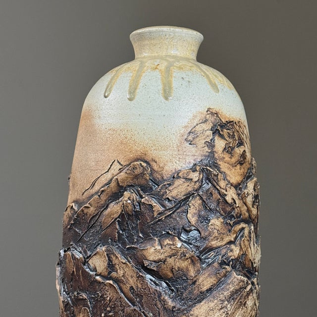 Mid-Century Modern Vintage Monumental Brutalist Sculptural Beige Ceramic Vase, Signed For Sale - Image 3 of 9