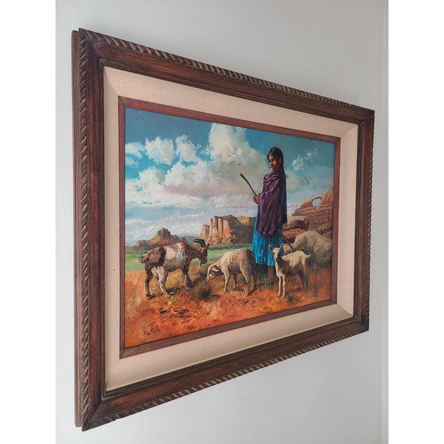 1970s Filastro Mottola Pastoral Oil Painting Native American Navajo Girl Sheep Desert For Sale - Image 13 of 15