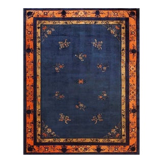 1920s Navy Blue Floral Art Antique Chinese Peking Rug 9'0" X 11'6" Knotted Wool Carpet For Sale