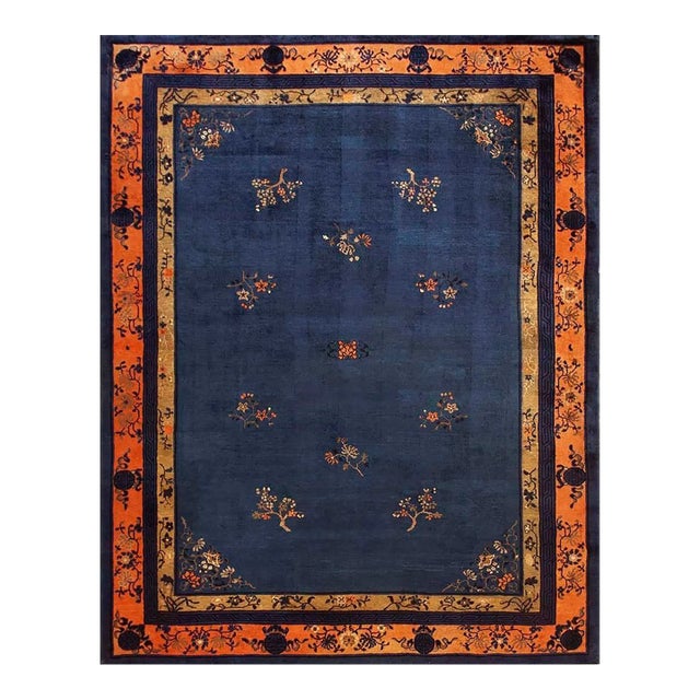 1920s Navy Blue Floral Art Antique Chinese Peking Rug 9'0" X 11'6" Knotted Wool Carpet For Sale