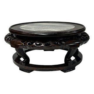 8.25" Oriental Brown Wood Marble Round Table Top Stand Riser For Sale