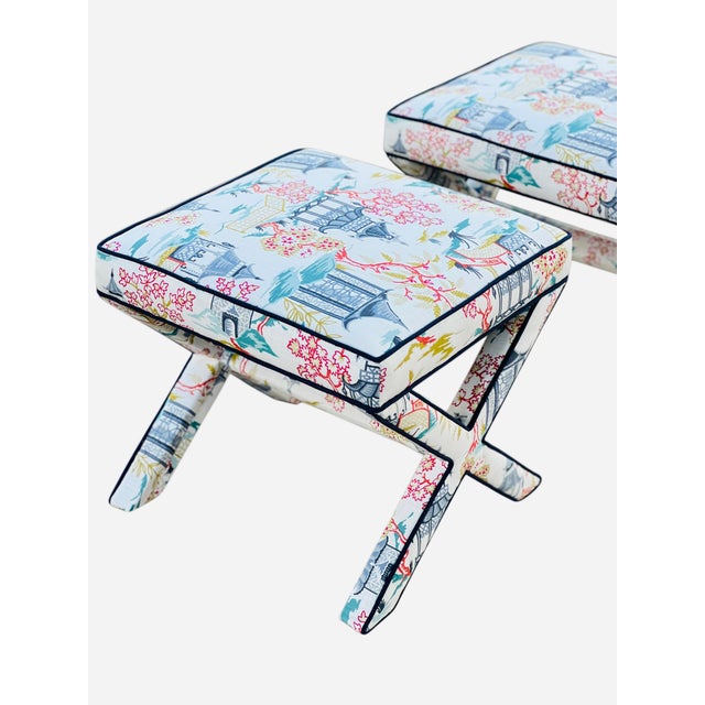 Chinoiserie Pair Custom Chinoiserie X Benches For Sale - Image 3 of 8