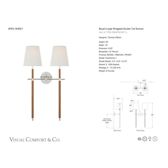 Modern Thomas O'Brien for Visual Comfort Signature Bryant Large Wrapped Double Tail Sconce in Polished Nickel and Natural Leather with Linen Shades For Sale - Image 3 of 4