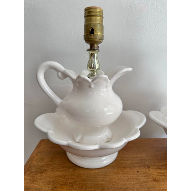 1970s French Country White Ceramic Pitcher and Basin Lamp Pair For Sale - Image 4 of 8