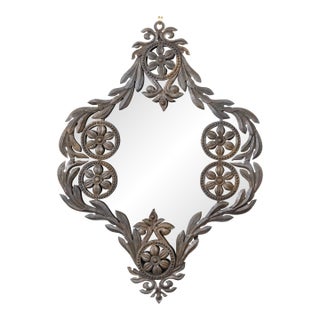 Spanish 19th Century Metal Wall Mirror with Rosettes, Foliage and Dark Patina For Sale