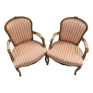 Antique French Louis XV Style Gold Giltwood Pink Stripe Fauteuil Arm Chair, Pair For Sale
