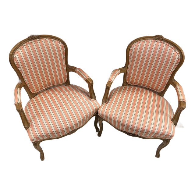 Antique French Louis XV Style Gold Giltwood Pink Stripe Fauteuil Arm Chair, Pair For Sale