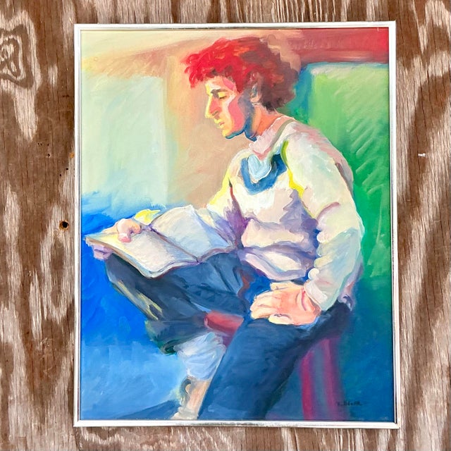 Mid 20th Century Vintage Boho Original Abstract Figurative Painting on Canvas For Sale - Image 4 of 6