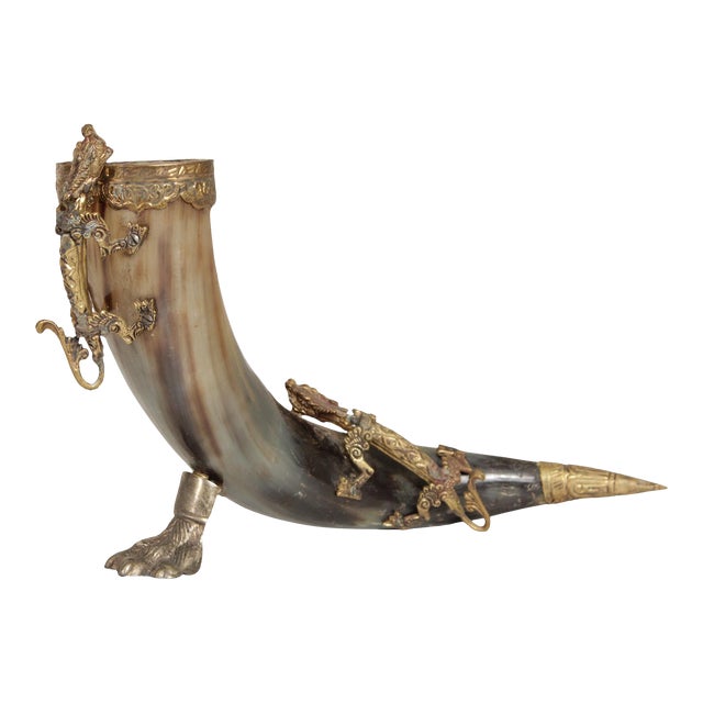 Antique Brass Dragon Mounted Drinking Horn For Sale