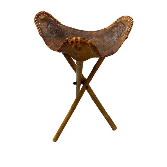 Wood Vintage 1960s Mexican Brown Leather Tripod Folding Stool For Sale - Image 7 of 8