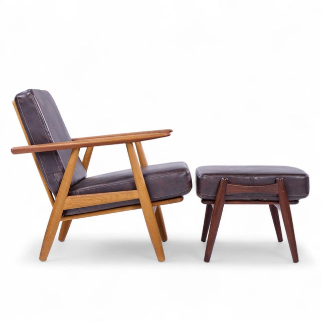 Brown Hans Wegner for Getama Ge-290 Mid Century Danish Teak High Back Lounge Chairs - Pair With Ottoman For Sale - Image 8 of 11