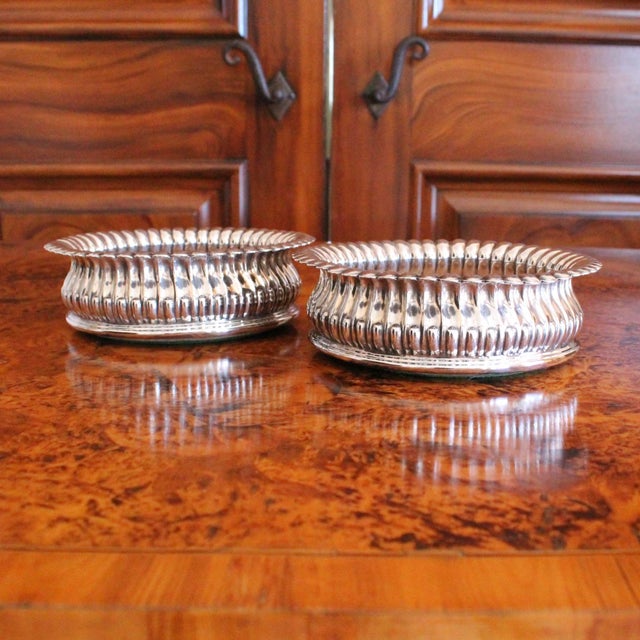 English Pair of English Silver Plate Lotus Flower Wine Bottle Coasters For Sale - Image 3 of 9