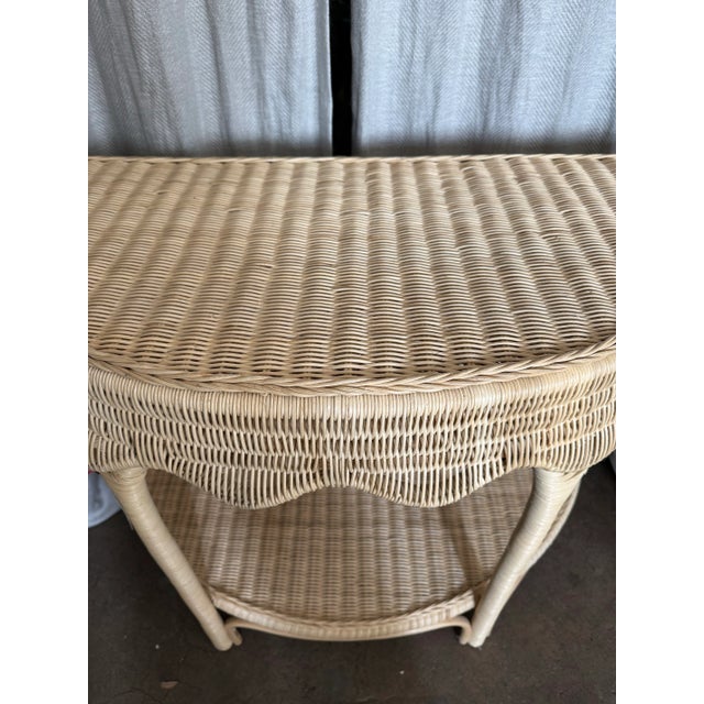 Vintage French Coastal Rattan Demi-Lune Console Table For Sale In Miami - Image 6 of 7