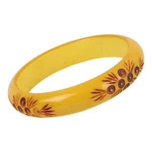 Bakelite Bracelet Bangle Yellow Creamed Corn with Carved Red Flowers