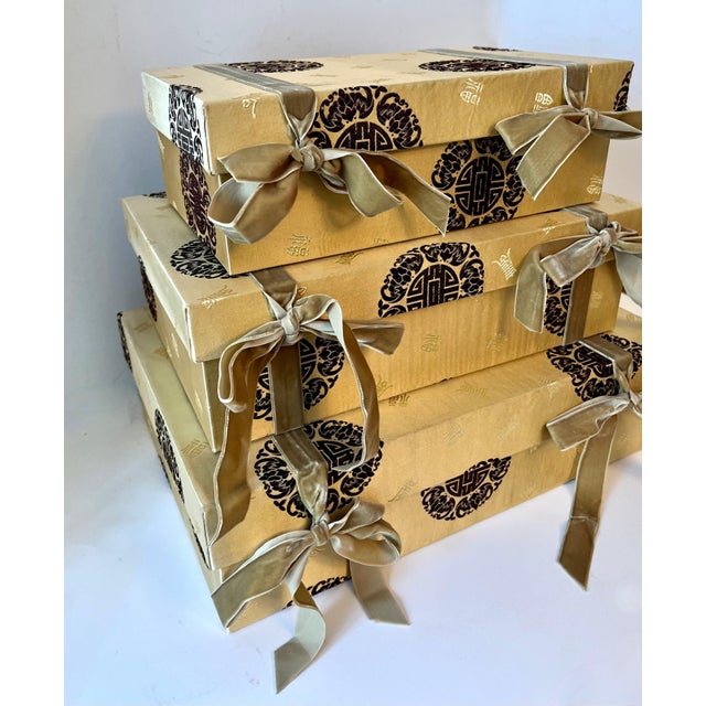Mid-Century Modern Mid 20th Century Three Silk Chinese Nesting Boxes with Velvet Ties & Symbols of Good Luck For Sale - Image 3 of 7