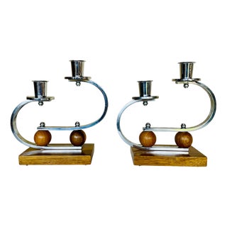 Art Deco Chrome and Walnut Candleholders, 1930s, Set of 2 For Sale