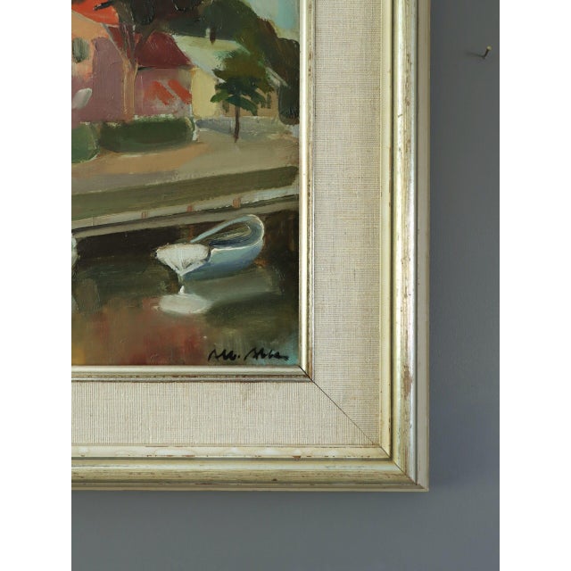 Mid-Century Modern 'Houses by the Canal' Swdish Expressionist Landscape Oil Painting, Framed For Sale - Image 9 of 12