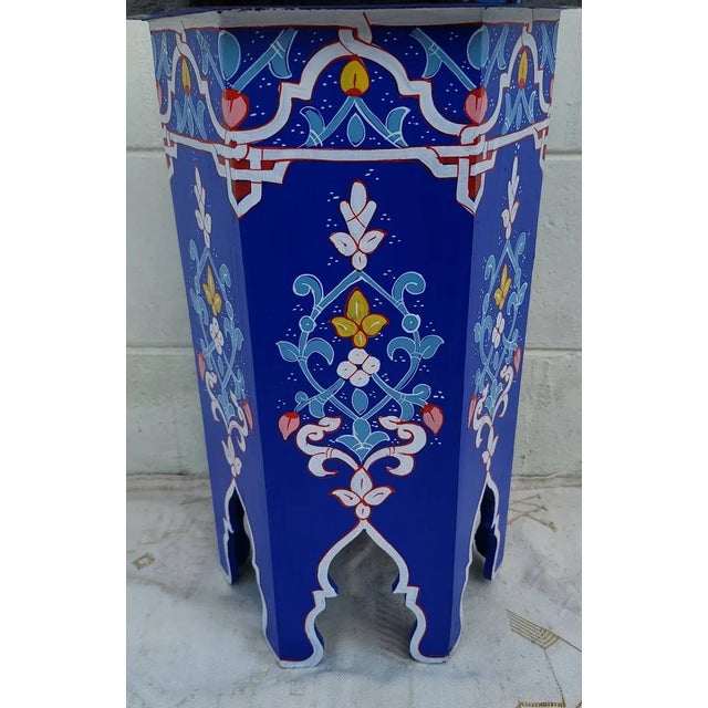 2020s Moroccan Hexagonal Hand Painted Wooden Side Table in Blue Zouak For Sale - Image 5 of 7