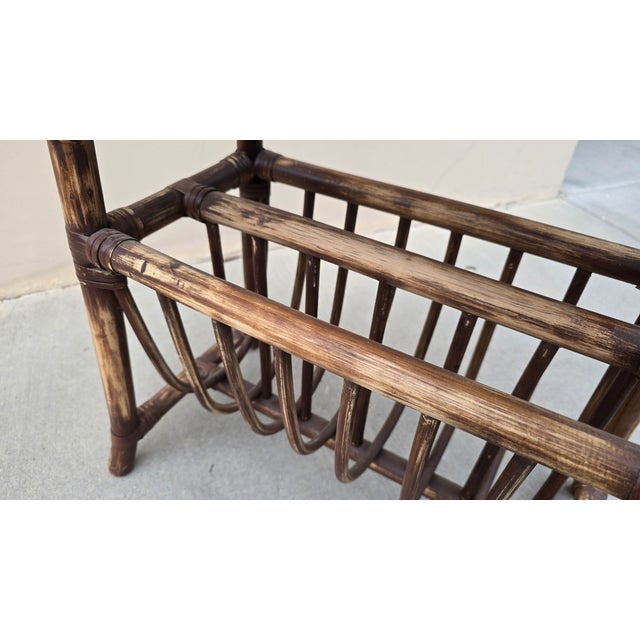 Vintage Rustic Coastal Bamboo Rattan Brown Magazine Rack Side Table For Sale - Image 9 of 14