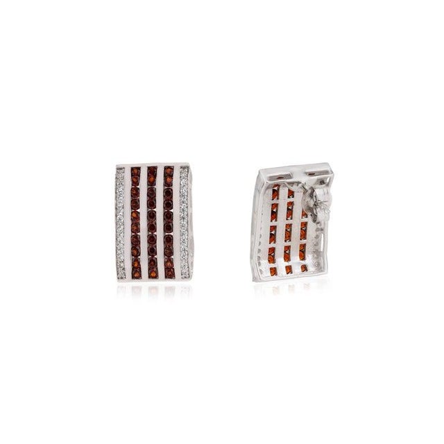 Metal Red Garnet Birthstone Wide Bar Silver Earrings With Sparkling Zircons- 2 Pieces For Sale - Image 7 of 11