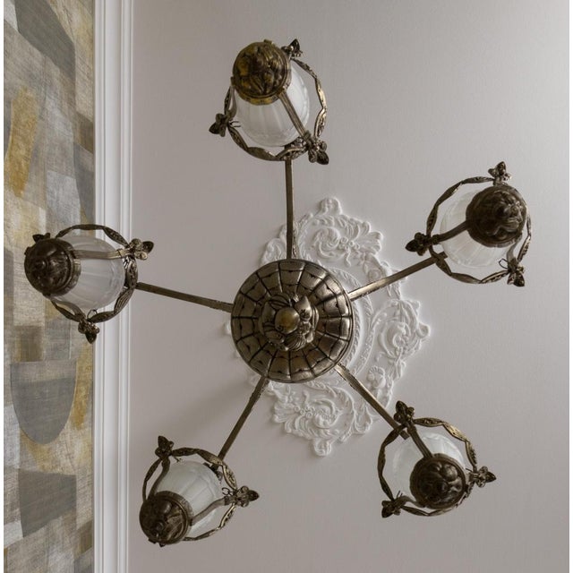 Gray Art Deco Bronze and Frosted White Glass Five-Light Chandelier, France, 1925 For Sale - Image 8 of 18