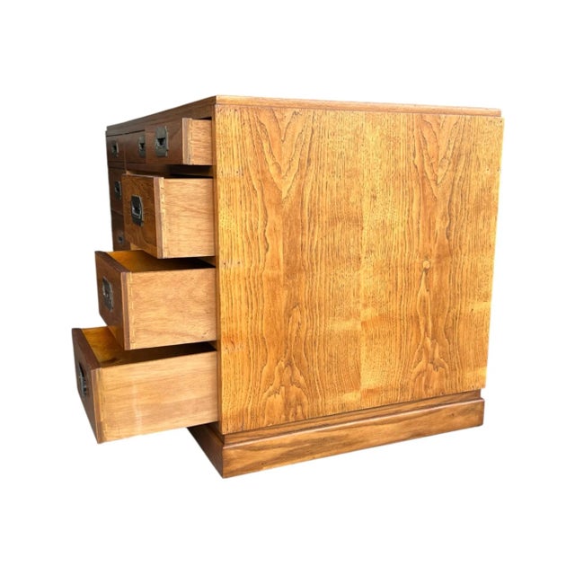 Vintage Campaign-Style Oak Executive Desk With Black Leather Inlay For Sale In Los Angeles - Image 6 of 12