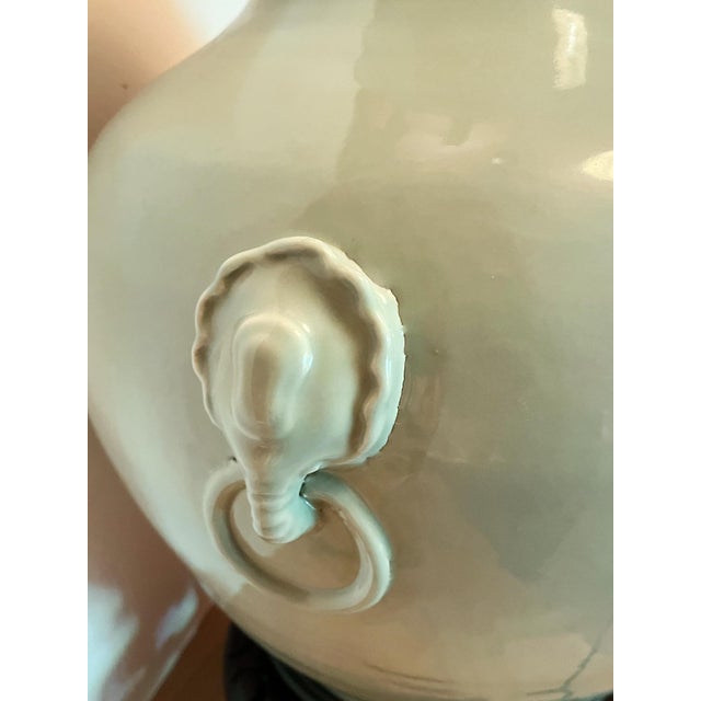 Celadon Mid 20th Century Large Celadon Green Ceramic Urn Table Lamp For Sale - Image 8 of 11