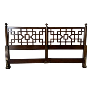 1970s Baker Hollywood Regency Style Walnut Fretwork King Size Headboard For Sale