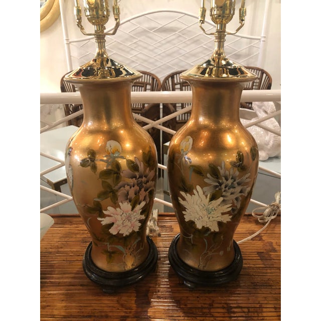 Vintage Chinoiserie Gold Leaf Brass Floral Birds Table Lamps -A Pair For Sale - Image 11 of 13