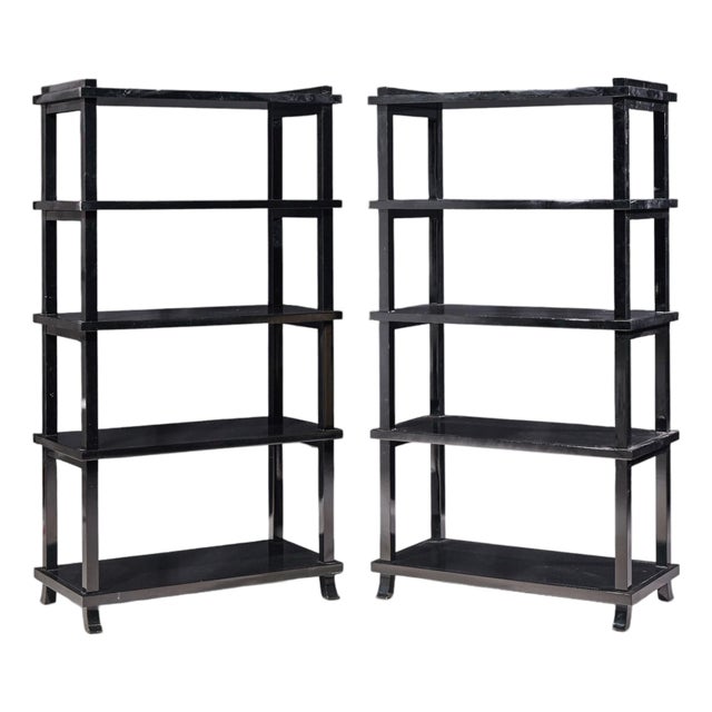 Baker Black Lacquered Etagere Shelves - Pair For Sale