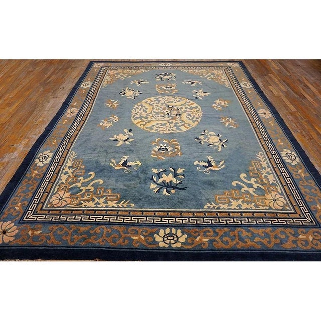 Wool Room Size Antique Medallion Chinese 1880s Knotted Rectangle Blue Peking Rug For Sale - Image 4 of 9