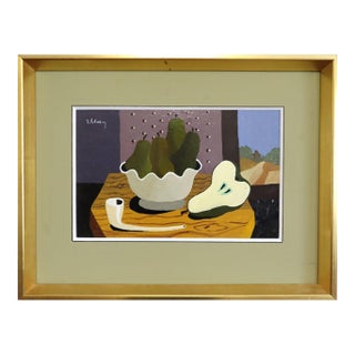 Mid Century Modern 'Tabletop With Pears' Vintage Original Still Life Tempera Painting by Swedish Artist Eric Cederberg (1897-1984), Framed For Sale