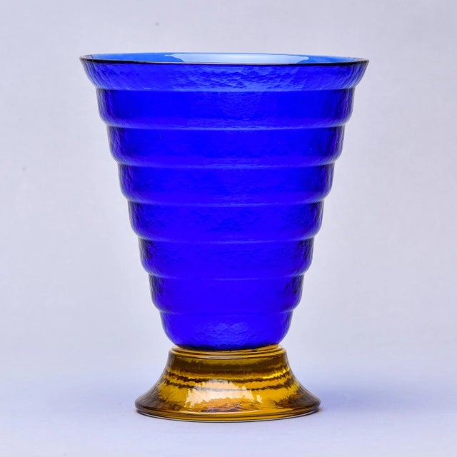 Glass Deep Blue Murano Glass Vase With Gold Base For Sale - Image 7 of 10