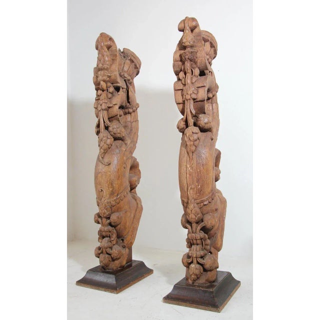 Pair of Antique Indian Carved Wood Architectural Temple Fragments on Stands For Sale - Image 12 of 15