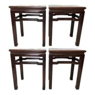 Antique Rosewood Chinese 'Mahjong' Stools / End Tables With White Grey Dali Lake Marble Tops - Set of 4 / Pair For Sale