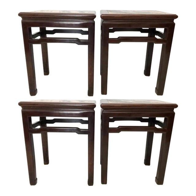 Antique Rosewood Chinese 'Mahjong' Stools / End Tables With White Grey Dali Lake Marble Tops - Set of 4 / Pair For Sale