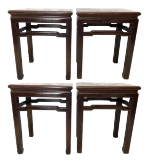 Antique Rosewood Chinese 'Mahjong' Stools / End Tables With White Grey Dali Lake Marble Tops - Set of 4 / Pair